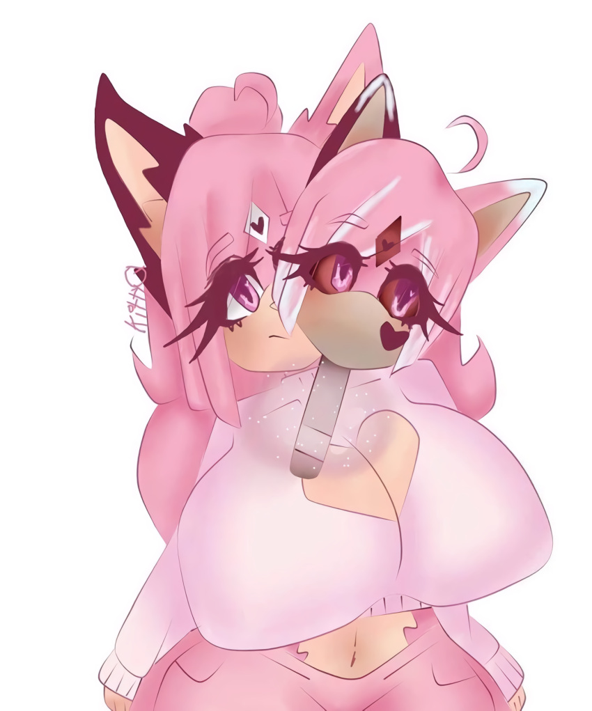 anthro big_breasts bottomwear breasts cleavage cleavage_cutout clothed clothing fan_character female fur hair hi_res kittyq maria_rose_(kittyq) pants pink_body pink_bottomwear pink_clothing pink_eyes pink_fur pink_hair pink_pants sega solo sonic_the_hedgehog_(series) sweater topwear