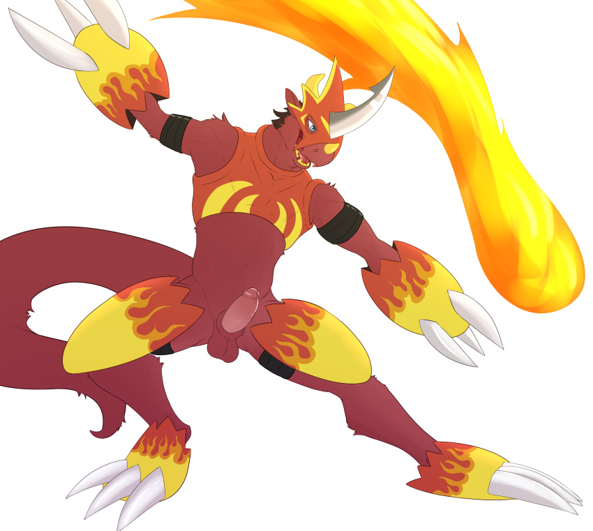 absurd_res anthro bandai_namco blue_eyes cosplay digimon digimon_(species) dragon erection fan_character fire flamedramon fur genitals hi_res horn male matidramon penis pose red_body red_fur simple_background solo