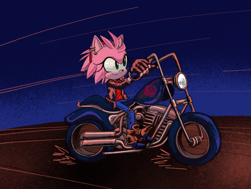 4:3 accessory amy_rose anthro biker biker_girl boots clothed clothing ear_piercing ear_ring eulipotyphlan female footwear fully_clothed gloves green_eyes hair_accessory hairband handwear hedgehog hi_res jacket leather leather_clothing leather_jacket leather_topwear mammal motorcycle piercing schereherazade_(artist) sega solo sonic_the_hedgehog_(series) topwear vehicle