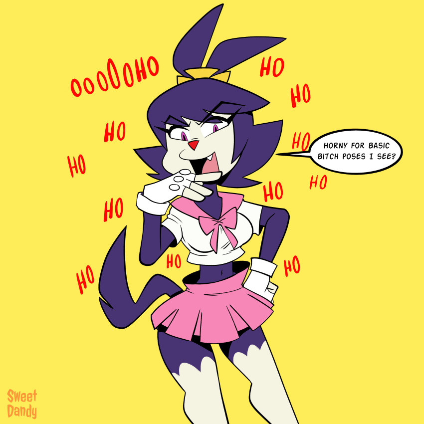 1:1 absurd_res animaniacs anime-aniacs anthro clothing dot_warner english_text female gloves hand_on_hip handwear hi_res inkblot laugh looking_at_viewer midriff school_uniform simple_background snaggle_tooth solo sweetdandy text uniform warner_brothers