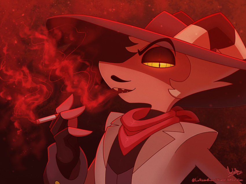 2021 4:3 anthro bandanna blowing bluestripedrenulian cigarette clothing fingerless_gloves gloves glowing glowing_eyes handwear hat headgear headwear helluva_boss hi_res kerchief lidded_eyes looking_at_viewer male open_mouth red_background reptile scalie simple_background snake solo striker_(vivzmind)