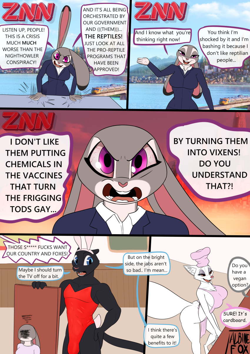 absurd_res albinefox alex_jones angry anthro apron apron_only big_breasts big_butt bloodshot_eyes breasts bulge bunny_costume bunny_ears_(cosmetic) butt canid canine clothed clothing costume crossdressing disney english_text fan_character felid female fox group hi_res humor judy_hopps lagomorph leporid male mammal marshmallow_(albinefox) meme mostly_nude muscular muscular_male news nude pantherine parody politics profanity rabbit racism side_boob text zootopia