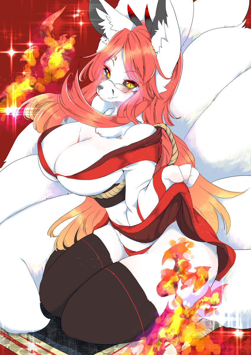 9_tails absurd_res anthro asian_clothing big_breasts big_tail biped black_clothing black_inner_ear black_legwear black_nose black_sclera blush breasts canid canid_demon canine chest_tuft clothed clothing clothing_lift curvaceous curvy_figure demon digital_media_(artwork) east_asian_clothing eyelashes eyewear female fluffy fluffy_tail fox fully_clothed fur gallar_(nnecgrau) glasses hair hi_res horn inner_ear_fluff japanese_clothing kemono kimono kneeling legwear long_hair looking_at_viewer mammal monotone_body monotone_fur monotone_hair multi_tail obi obijime orange_hair pince-nez pupils red_background seiza shikibetsuko simple_background sitting slit_pupils small_waist snout solo sparkles thick_thighs thigh_highs three-quarter_view tuft voluptuous white_body white_clothing white_fur white_inner_ear_fluff wide_hips yellow_eyes
