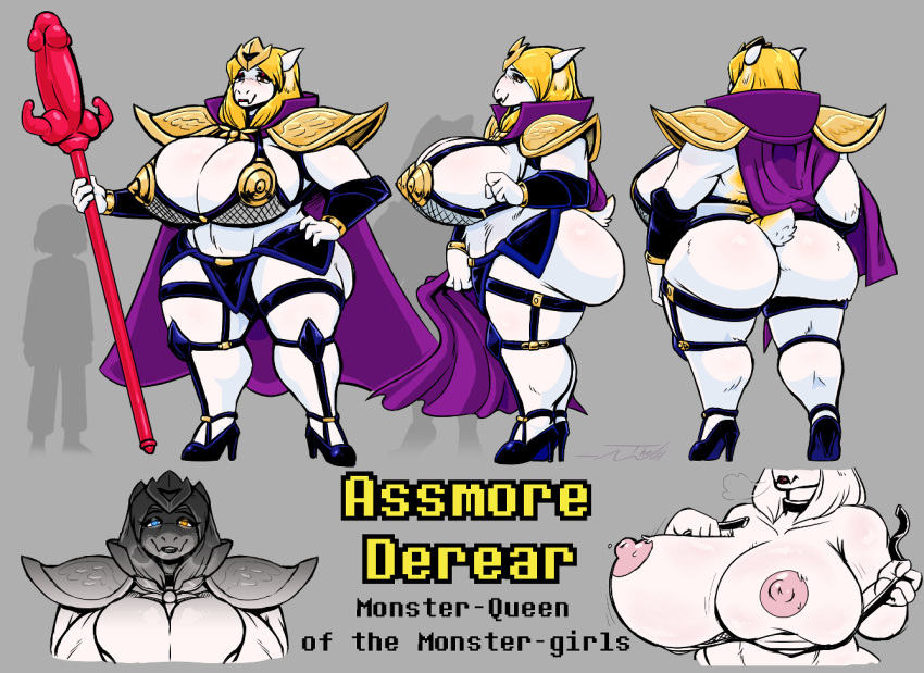 2021 alternate_universe anthro armor asgore_dreemurr big_breasts big_butt bikini_armor blonde_hair boss_monster bovid breasts butt cape caprine clothed clothing crossgender crown curvy_figure english_text fangs female goat grey_background hair heterochromia high_heels huge_breasts huge_butt leather_straps looking_at_viewer mammal model_sheet monster nipples pauldron shoulder_pads simple_background smile text thewill turnaround unconvincing_armor under(her)tail undertale video_games voluptuous white_body wide_hips