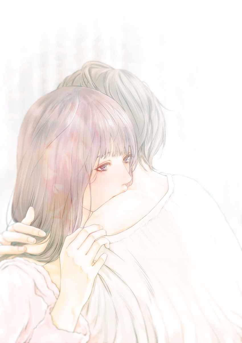 1boy 1girl black_hair brown_eyes brown_hair curtains highres hug indoors kinoebi lips long_hair original short_hair