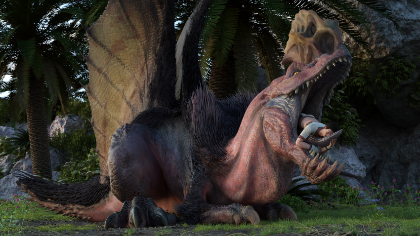16:9 2021 3d_(artwork) 4k absurd_res ambiguous_gender anjanath blender_(software) brute_wyvern capcom claws clothed clothing detailed_background digital_media_(artwork) dinosaur duo eyes_closed feral feral_pred grass hair hi_res hug hugging_tongue human human_prey imminent_vore inside_mouth ivorylagiacrus larger_ambiguous larger_feral looking_at_another looking_pleasured male mammal membrane_(anatomy) monster_hunter open_mouth oral_vore outside palm_tree plant red_body red_scales reptile scales scalie sharp_teeth sitting size_difference smaller_human smaller_male soft_vore teeth toe_claws tongue tree video_games vore widescreen