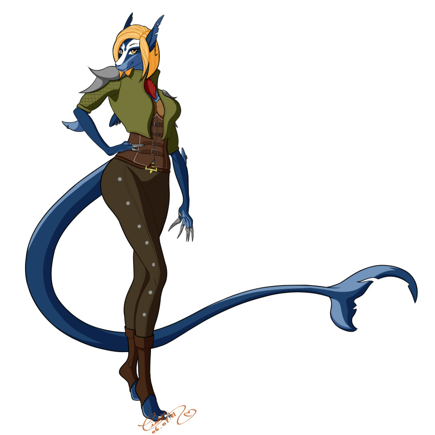 1:1 2021 5_fingers alpha_channel anthro armor blonde_hair blue_body blue_skin clothed clothing ear_piercing fantasy female fin fingers fish hair hairs hand_on_hip hi_res hook leather looking_at_viewer marine piercing shark simple_background smile solo uri_bennet_(ryltar) uri_renard_blanc_(ryltar)