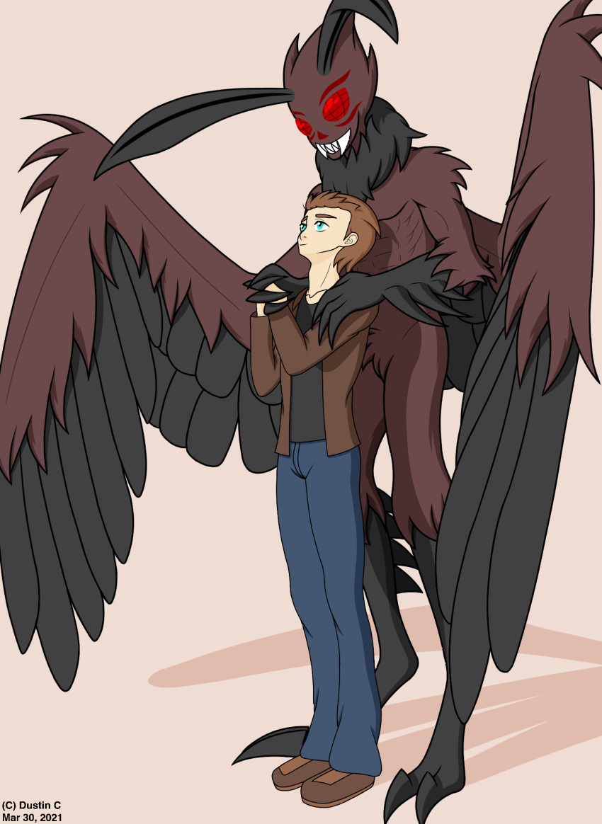 clothed clothing cryptid duo dustin_c fur hair hi_res human humanoid male male/male mammal monster mothman original_charater red_eyes romantic romantic_couple simple_background size_difference smile wings