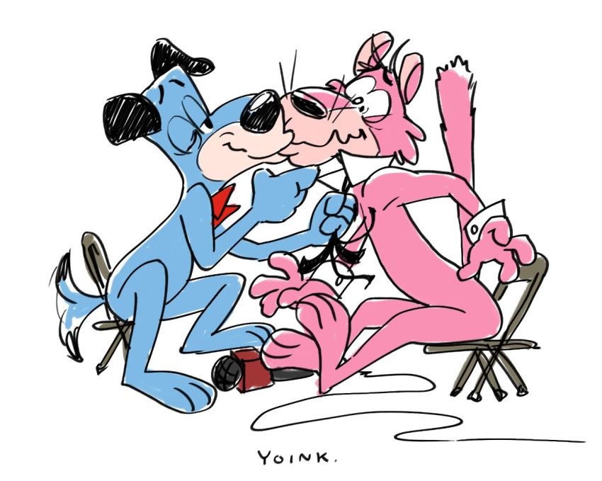 anthro black_ears blue_body blue_fur bow_tie canid canine canis chair cougar domestic_dog duo felid feline fur furniture hanna-barbera huckleberry_hound kissing male male/male mammal microphone pink_body pink_fur shocked simple_background snagglepuss tailwag text the_huckleberry_hound_show tie_grab timbits white_background