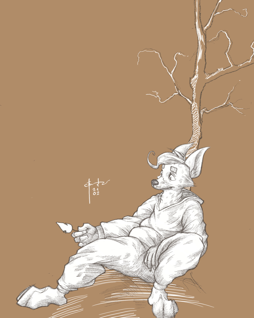 4:5 4_fingers absurd_res andf anthro black_nose bottomwear canid canine canis clothed clothing domestic_dog fingers hair hi_res hoodie leaf male mammal monochrome_fur monotone_background pants paws plant simple_background sitting sketch solo teeth topwear tree