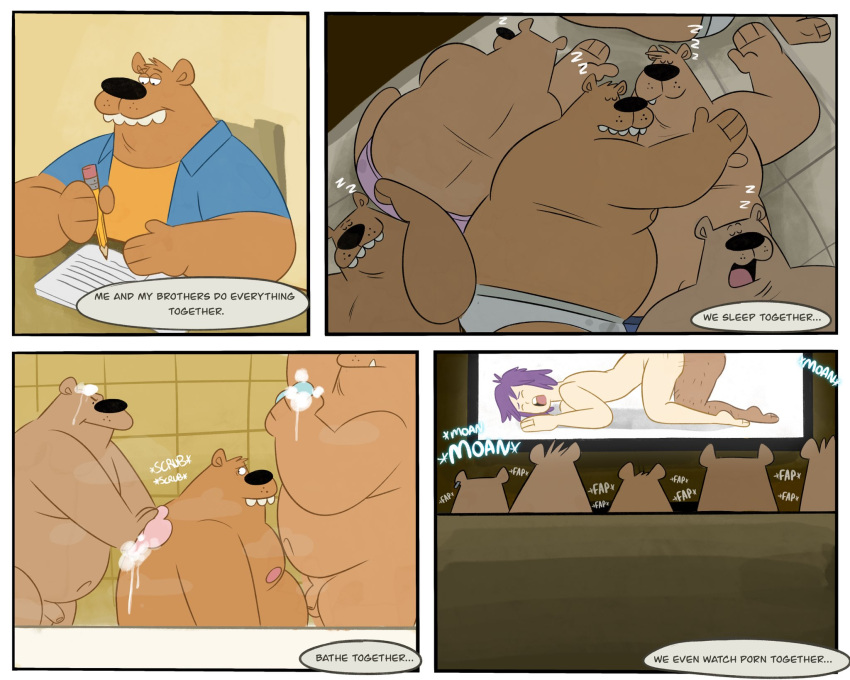 2021 anthro bathing belly black_nose brother brothers brown_body brown_fur butt clothing comic english_text eyes_closed fur genitals group group_masturbation hi_res hug incest_(lore) lying male male/male mammal masturbation moobs nipples overweight overweight_male penis shirt sibling sleeping text topwear trashtoonz underwear ursid
