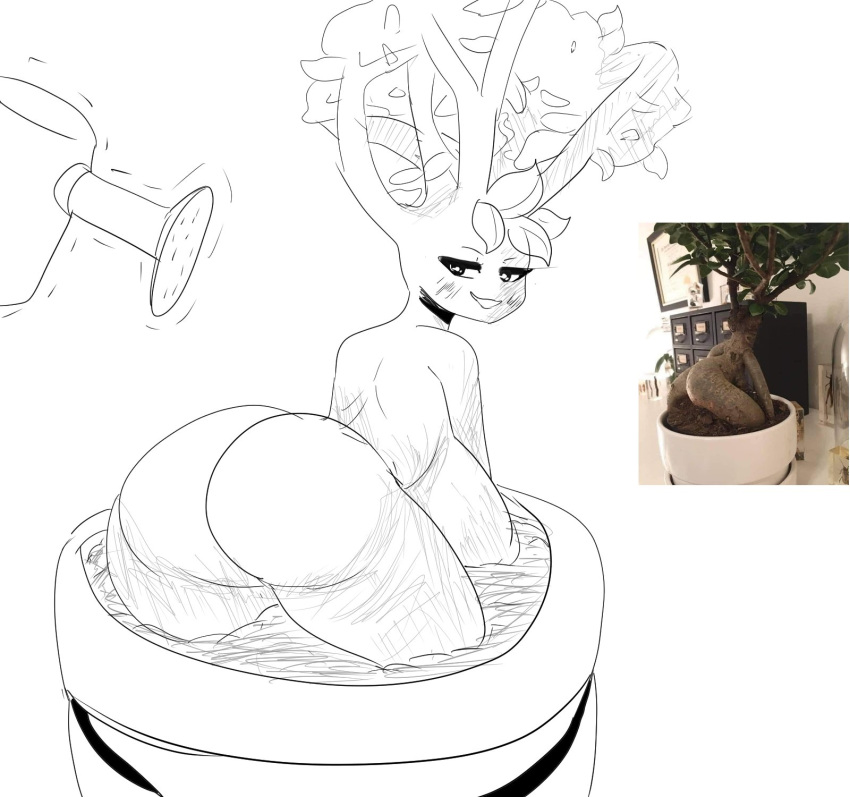 big_breasts big_butt breasts butt darky elemental_creature elemental_humanoid female flora_fauna hi_res humanoid nude plant plant_humanoid plant_pot simple_background treant tree tree_humanoid watering_can white_background