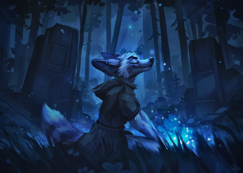 2021 anthro biped black_nose blue_theme branch canid canine cheek_tuft clothing dark_theme detailed_background digital_media_(artwork) ear_piercing ears_back eyebrows eyes_closed facial_tuft fauxerious flower forest fox hands_on_knees head_tuft hi_res hoodie jacato kneeling leaf light magic magic_user male mammal night on_ground orb outside piercing pivoted_ears plant red_fox ringtail ruins short_sleeves side_view signature silver_fox smile solo striped_tail stripes topwear tree tuft tunic whisker_spots whiskers