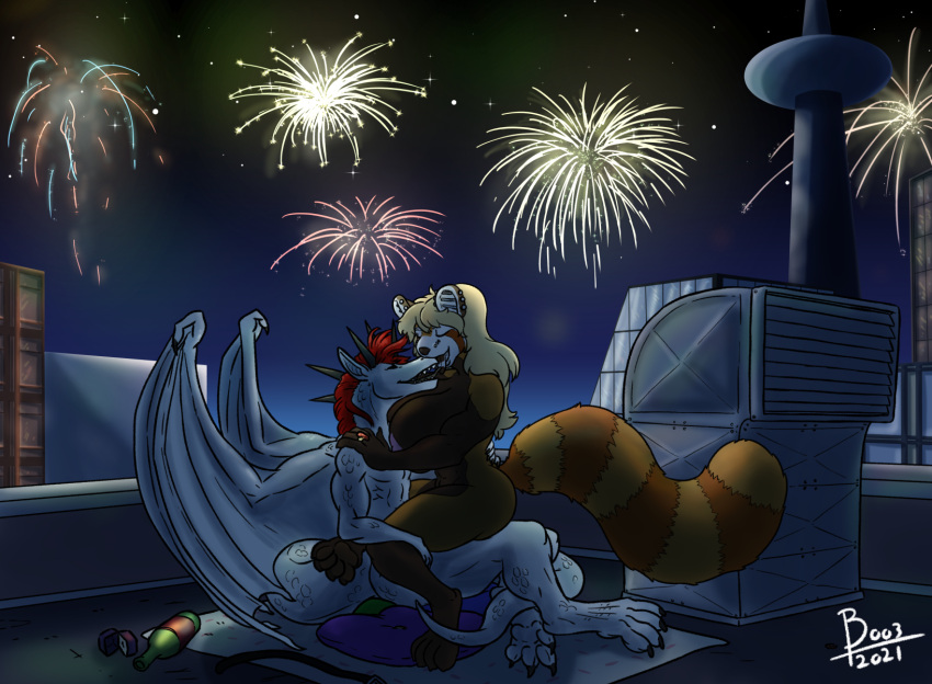 ailurid anthro big_breasts boo3 breasts dragon duo female fireworks hi_res izixs kissing mackenzie_(lateinshowing) male male/female mammal nipples red_panda