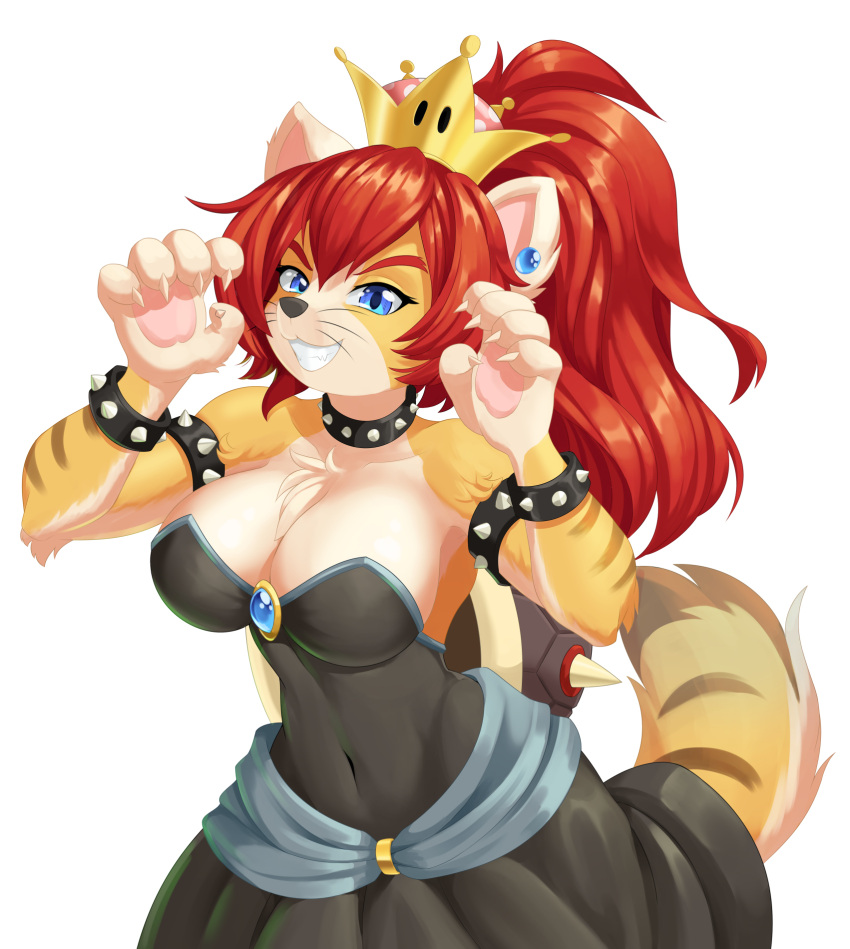 2021 5_fingers anthro black_nose blue_eyes bowser bowsette_meme breasts claws clothed clothing crossgender crown dstears felid feline female finger_claws fingers hair hi_res long_hair looking_at_viewer mammal mario_bros meme meowser mtf_crossgender nintendo red_hair simple_background smile solo super_crown video_games whiskers white_background