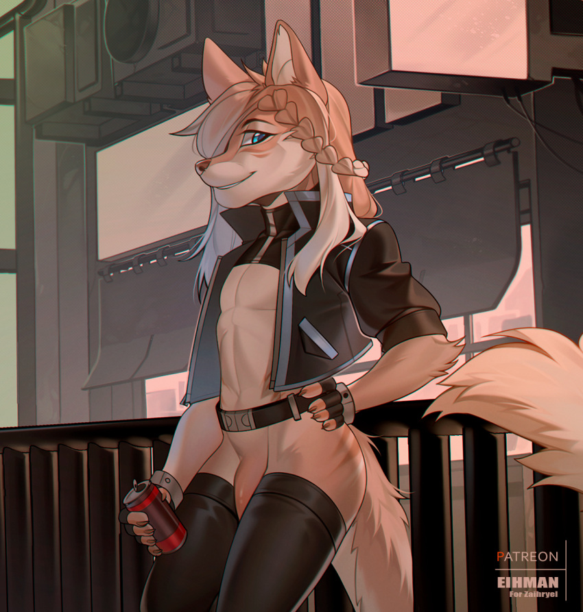 2021 anthro belt blue_eyes bottomless braided_hair canid canine clothed clothing detailed_background digital_media_(artwork) eihman fingerless_gloves flaccid genitals girly gloves hair hand_on_hip handwear hi_res legwear male mammal penis penis_base smile solo thigh_highs