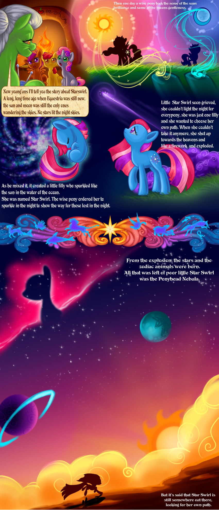 2011 absurd_res apple_bloom_(mlp) blue_body comic dialogue elderly_female english_text equid equine female feral friendship_is_magic granny_smith_(mlp) group hasbro hi_res horn mammal my_little_pony pegasus planet princess_celestia_(mlp) princess_luna_(mlp) sakuyamon_(artist) scootaloo_(mlp) sibling sister sisters sweetie_belle_(mlp) text unicorn wings young