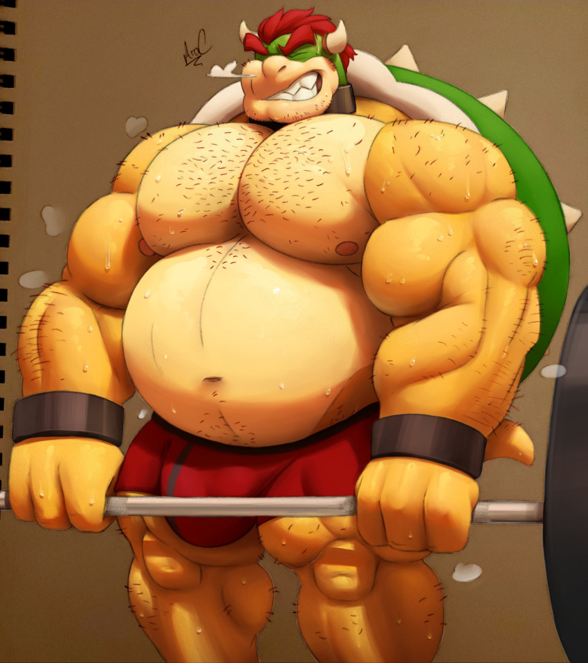 2021 absurd_res anthro ara_chibi arm_hair barazoku barbell belly biceps big_belly big_bulge big_moobs big_muscles big_pecs bodily_fluids body_hair bowser bracelet breath briefs brown_background bulge chest_hair clenched_teeth clothed clothing collaboration collar colored croconut deadlift digital_media_(artwork) exercise eyebrows eyes_closed facial_hair hair hi_res horn huge_bulge huge_muscles jewelry koopa leg_hair male mario_bros mixed_media moobs musclegut muscular muscular_anthro muscular_male musk navel nintendo nipples pecs scalie shell signature simple_background solo spiked_shell spikes spikes_(anatomy) standing sweat teeth topless traditional_media_(artwork) underwear video_games weightlifting workout