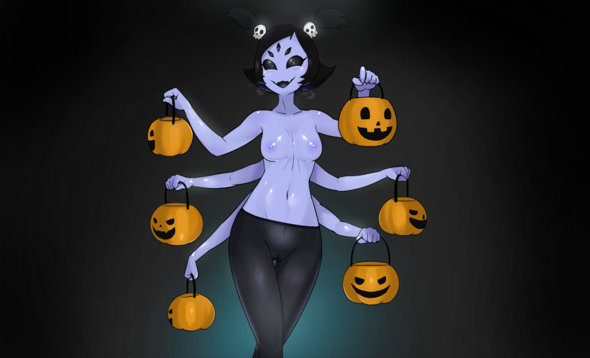 anthro arachnid arthropod black_sclera blush breasts camel_toe clothed clothing fangs female hi_res legwear looking_at_viewer mdthetest muffet multi_arm multi_eye multi_limb pantyhose simple_background small_breasts smile solo spider thigh_gap topless undertale video_games