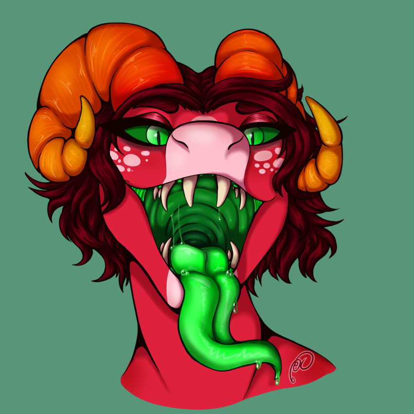 1:1 absurd_res anthro bodily_fluids bonnie_(ramerooni) bovid_horn caprine_horn digital_media_(artwork) dragon drooling fangs female freckles gaping_mouth green_eyes green_tongue hair hi_res horn long_tongue looking_at_viewer mouth_shot open_mouth pink_body pupils ram_horn ramerooni red_hair saliva saliva_on_tongue saliva_string scalie simple_background slit_pupils smile solo teeth teeth_showing throat tongue tongue_out