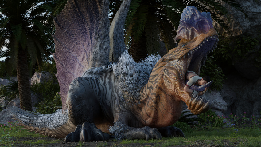 16:9 2021 3d_(artwork) 4k absurd_res ambiguous_gender anjanath blender_(software) blue_body blue_eyes blue_scales brute_wyvern capcom claws clothed clothing detailed_background digital_media_(artwork) dinosaur duo eyes_closed feral feral_pred fulgur_anjanath grass hair hi_res hug hugging_tongue human human_prey imminent_vore inside_mouth ivorylagiacrus larger_ambiguous larger_feral looking_at_another looking_pleasured male mammal membrane_(anatomy) monster_hunter multicolored_body multicolored_scales open_mouth oral_vore orange_body orange_scales outside palm_tree plant reptile scales scalie sharp_teeth sitting size_difference smaller_human smaller_male soft_vore striped_body stripes teeth toe_claws tongue tree video_games vore widescreen