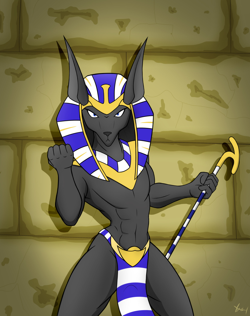 absurd_res anthro anubian_jackal anubis bottomwear brick_wall canid canine canis clothed clothing cracked_wall deity digital_media_(artwork) ears_up egyptian egyptian_mythology featureless_chest fist gold_(metal) gold_jewelry hair headdress headgear headwear hi_res jackal jewelry loincloth looking_at_viewer male mammal middle_eastern_mythology muscular mythology necklace signature simple_background solo stone_wall topwear wall_(structure) yenchey