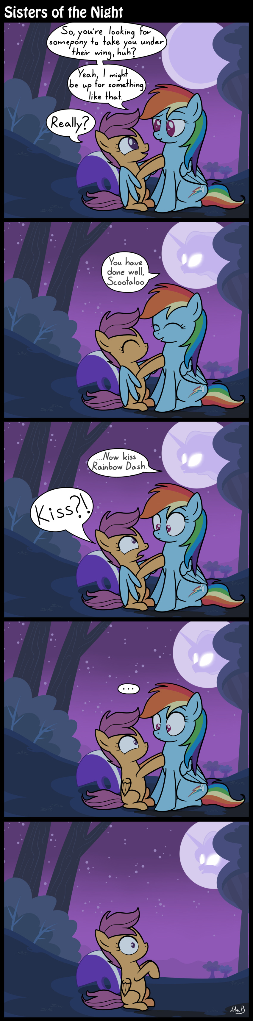 absurd_res age_difference comic dialogue duo english_text equid equine female feral friendship_is_magic hasbro hi_res larger_female long_image mammal moon mrbastoff my_little_pony night older_female pegasus plant princess_luna_(mlp) rainbow_dash_(mlp) scootaloo_(mlp) size_difference smaller_female tall_image text tree wings younger_female