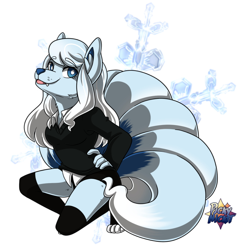 1:1 alolan_ninetales anthro blue_body blue_eyes blue_nose canid canine clothing female fox fur hair hi_res legwear long_hair looking_at_viewer mammal multi_tail ninetales nintendo open_mouth pickynickit pok&eacute;mon pok&eacute;mon_(species) regional_form_(pok&eacute;mon) simple_background smile snow_flake solo stockings video_games