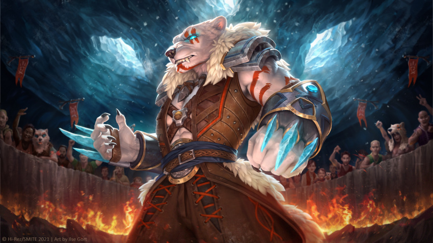 2021 5_fingers anthro arm_markings armor audience belt black_nose caraid claws clothed clothing crowd digital_media_(artwork) eye_markings finger_claws fingers fire fur fur_trim_(clothing) gauntlets gloves group handwear hi_res human humanoid_hands ice jewelry male mammal markings necklace official_art polar_bear ravana_(smite) red_markings shoulder_pads signature smite solo_focus ursid ursine white_body white_fur