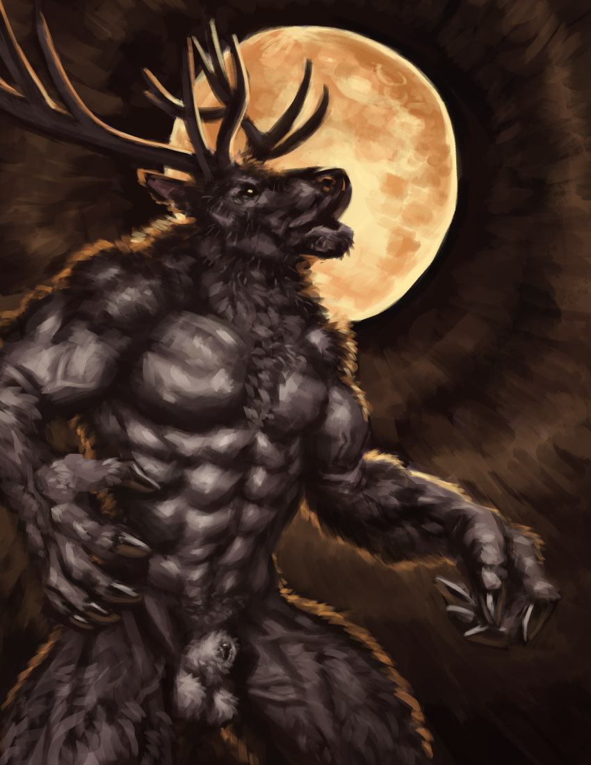 2021 abs absurd_res animal_genitalia animal_gentitalia animal_penis anthro arm_tuft balls biceps brown_body brown_fur cervid cervine digital_media_(artwork) elk forearm_tuft forearms fur genitals hair hi_res leg_tuft male mammal momamo moon muscular muscular_anthro muscular_male neck_tuft night nipples nude open_mouth outside pecs penis pubes sheath shoulder_tuft simple_background sky solo tuft were werecervid