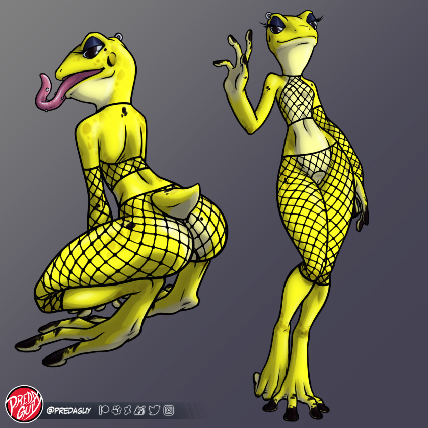 1:1 2021 4_fingers 4_toes amphibian anthro beauty_mark bottomwear breasts butt clothing countershade_butt countershade_neck countershade_torso countershading crouching curvy_figure digital_drawing_(artwork) digital_media_(artwork) digitigrade earhole eyebrow_piercing eyelashes eyeshadow facial_piercing feet female fingers fishnet fishnet_armwear fishnet_bottomwear fishnet_topwear frog front_view full-length_portrait furgonomics furry-specific_piercing genitals goth gradient_background hi_res jewelry lilith_(malthaeos) long_tongue looking_aside makeup model_sheet multiple_poses navel nipples non-mammal_breasts non-mammal_navel piercing poison_dart_frog portrait pose predaguy pussy short_tail simple_background slim small_breasts small_waist smile solo standing thick_thighs three-quarter_view toes tongue tongue_out tongue_piercing wide_hips yellow_body yellow_countershading yellow_skin