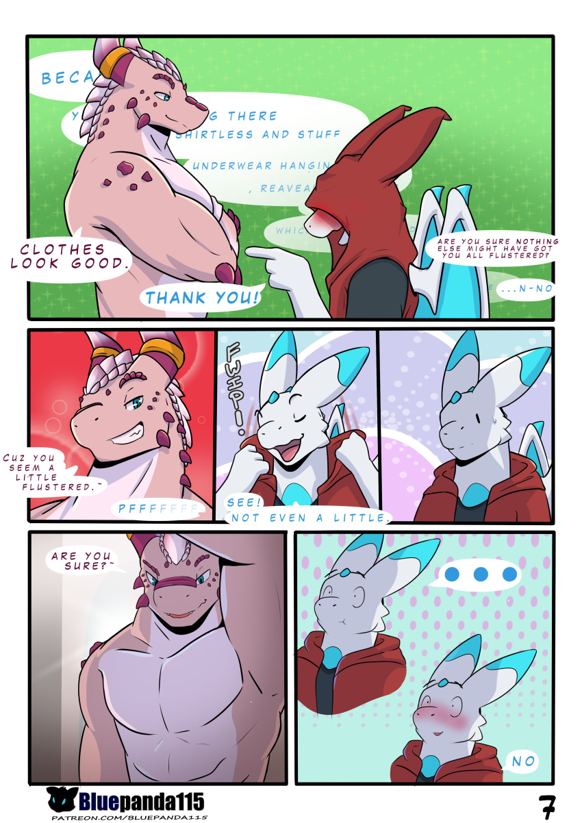 ... absurd_res anthro bluepanda115 blush clothed clothing comic covering covering_face crossed_arms dialogue dragon duo english_text facial_spikes flustered green_eyes head_spikes hi_res hood hoodie horn horn_jewelry horn_ring hyperion_(bluepanda115) intimidation male male/male membrane_(anatomy) membranous_wings muscular muscular_anthro muscular_male narrowed_eyes naughty_face pink_body pose prick_ears ring_(jewelry) saber_(bluepanda115) seductive smug spikes spikes_(anatomy) standing text topless topless_male topwear url white_body wide_eyed wingless_dragon wings