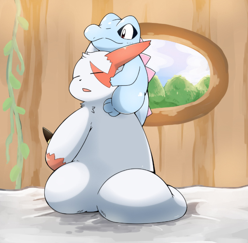 2019 3_toes ambiguous_gender bed blue_body cloud day duo eyes_closed feet fur furniture hi_res nintendo open_mouth pok&eacute;mon pok&eacute;mon_(species) red_body red_fur scalie sitting smile tatu_wani_(artist) toes totodile video_games white_body white_fur window zangoose