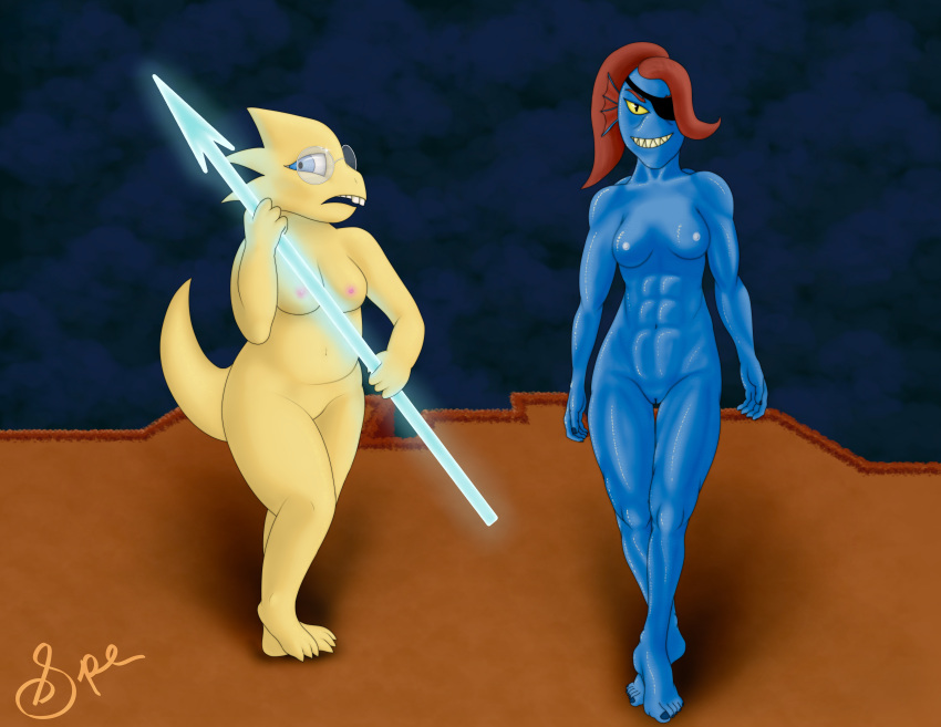 &gt;:d 2021 3_toes 4_fingers 5_fingers 5_toes abs absurd_res alphys animal_humanoid areola belly biceps big_breasts biped blue_areola blue_body blue_eyes blue_nipples blue_scales breasts buckteeth chubby_female claws crotch_lines d: deltoids digital_drawing_(artwork) digital_media_(artwork) duo eye_patch eyewear feet female finger_claws fingernails fingers fish fish_humanoid frill_(anatomy) front_view frown genitals glasses hair head_crest head_frill hi_res holding_object holding_spear holding_weapon humanoid humanoid_feet humanoid_hands lizard looking_at_object looking_at_viewer looking_away marine marine_humanoid medium_breasts melee_weapon muscular muscular_female nails navel nipples non-mammal_breasts non-mammal_navel nude open_frown open_mouth pink_areola pink_nipples plantigrade polearm pose pupils pussy quads red_hair reptile scales scalie scalie_humanoid shaded shadow sharp_teeth signature slightly_chubby slit_pupils smile smiling_at_viewer spe spear standing teeth thick_tail thick_thighs toe_claws toenails toes toothy_grin triceps undertale undyne v-cut video_games weapon yellow_body yellow_scales yellow_sclera yellow_teeth