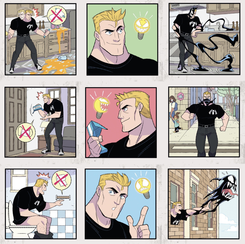 alien bathroom blonde_hair comic duo eddie_brock goo_creature gurihiru hair hi_res human humor lightbulb male mammal marvel muscular muscular_human muscular_male superhero symbiote toilet venom_(marvel)