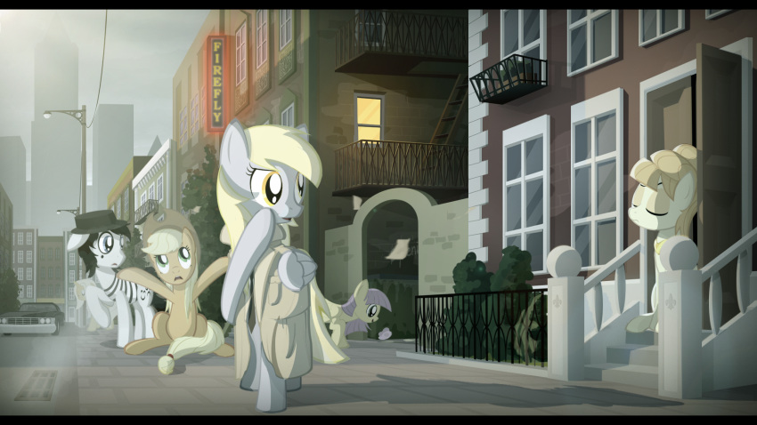 16:9 2013 applejack_(mlp) aunt_orange_(mlp) black_bars blonde_hair building derpy_hooves_(mlp) detailed_background equid equine female feral friendship_is_magic gign-3208 grey_body group hair hasbro hi_res letterbox mammal mature_female mime my_little_pony pegasus widescreen window wings