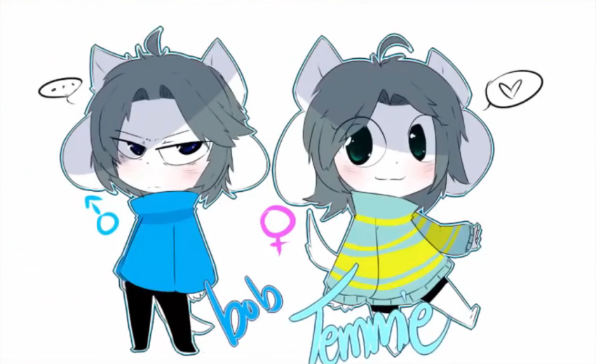 anthro bob_(undertale) canid canine clothed clothing felid feline female fur hair male mammal simple_background tem temmie_(undertale) text topwear undertale video_games white_body white_fur