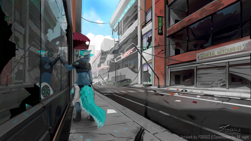 16:9 2021 absurd_res ambiguous_gender anthro city detailed_background digitigrade english_text foxixus fur green_body green_fur hi_res machine outside post-apocalyptic protogen reflection signature solo standing text widescreen