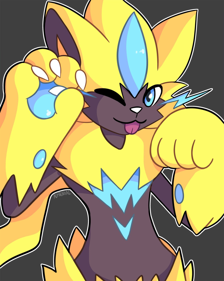 4:5 alistorial ambiguous_gender anthro black_body black_fur blep blue_body blue_eyes blue_fur blue_pawpads claws digital_media_(artwork) finger_claws fur grey_background hi_res legendary_pok&eacute;mon looking_at_viewer mammal nintendo one_eye_closed pawpads pok&eacute;mon pok&eacute;mon_(species) shaded simple_background solo tongue tongue_out video_games white_claws wink yellow_body yellow_fur zeraora