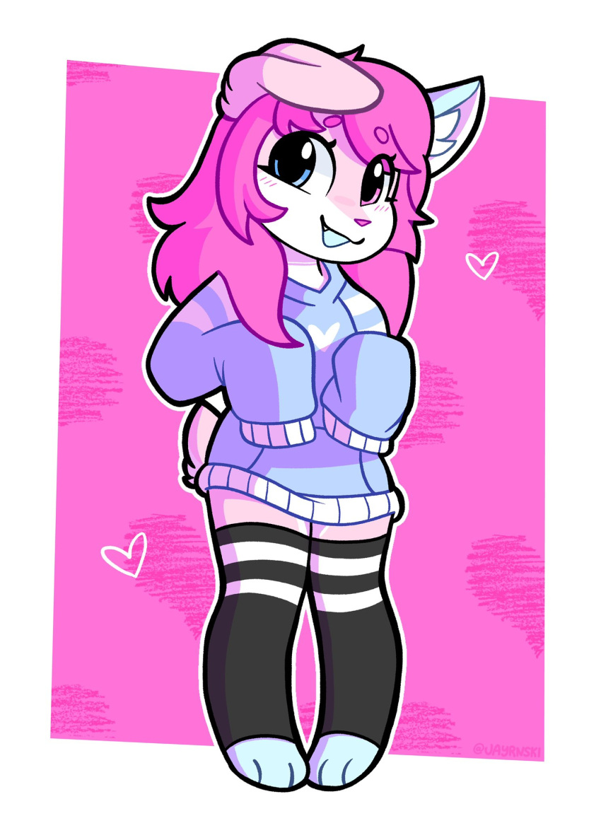 &lt;3 2021 anthro barefoot blue_eyes canid clothing cute_fangs eyebrows feet female hair hi_res inner_ear_fluff jayrnski mammal open_mouth pink_body pink_eyebrows pink_hair pink_nose smile solo standing sweater topwear tuft