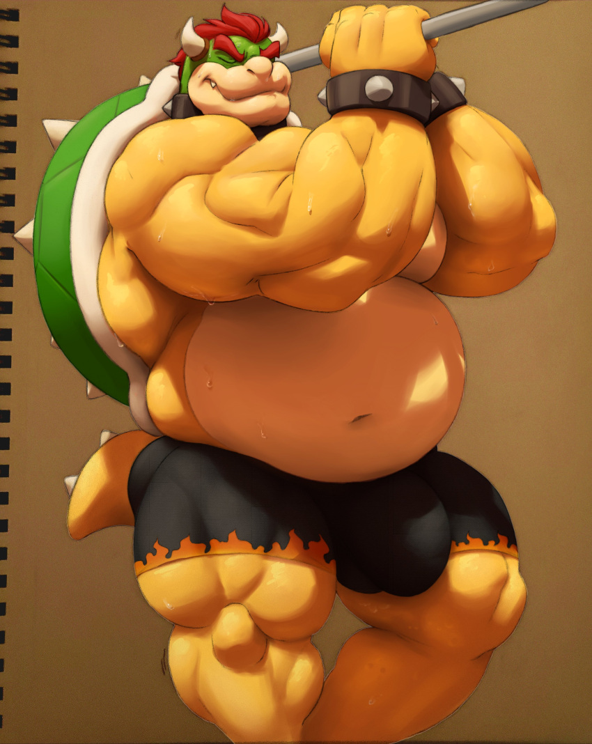 2021 absurd_res anthro ara_chibi barazoku belly biceps big_belly big_bulge big_moobs big_muscles big_pecs bodily_fluids bottomwear bowser bracelet brown_background bulge clothed clothing collaboration collar colored croconut digital_media_(artwork) exercise eyebrows eyes_closed hair hi_res horn hotpants huge_bulge huge_muscles jewelry koopa male mario_bros mixed_media musclegut muscular muscular_anthro muscular_male navel nintendo obliques pecs pull_up_bar pull_ups quads scalie shell shorts simple_background solo spiked_bracelet spiked_collar spiked_shell spiked_tail spikes spikes_(anatomy) sweat topless topless_male traditional_media_(artwork) video_games workout yellow_body