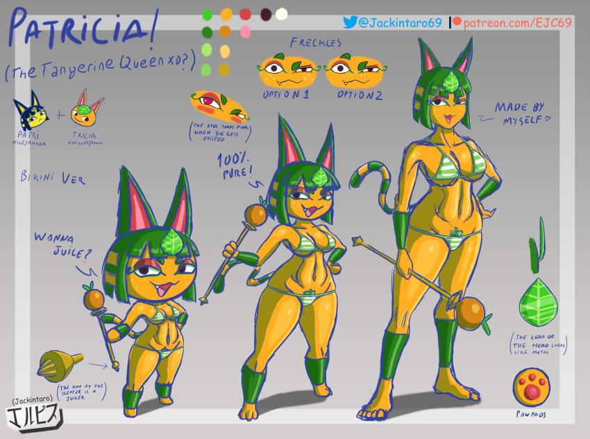 absurd_res animal_crossing ankha_(animal_crossing) anthro big_breasts bikini breasts brown_eyes clothing concept_art digital_media_(artwork) domestic_cat egyptian elemental_creature elemental_humanoid english_text fan_character felid feline felis female flora_fauna food food_creature food_humanoid fruit fruit_humanoid fusion green_hair group hair hi_res holding_object humanoid jackintaro leaf living_fruit looking_at_viewer mammal nintendo open_mouth orange_(fruit) orange_body plant plant_humanoid scepter simple_background sketch smile swimwear tangy_(animal_crossing) text url video_games