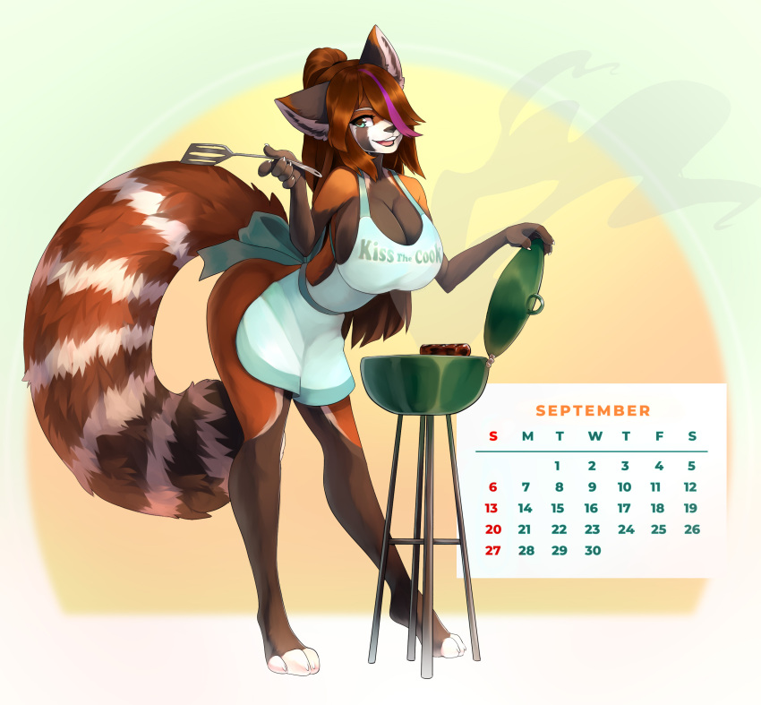 2020 3_toes 5_fingers absurd_res ailurid anthro apron apron_only barbecue barefoot big_breasts breasts calendar canid canine claws clothing cooking digital_media_(artwork) feet female fingers grilling hi_res huge_breasts julmara_(character) kitchen_spatula kitchen_utensils mammal mostly_nude pinup pose raccoon_dog red_panda ringtail shaded simple_background smoke solo spatula talilly tanuki toes tools