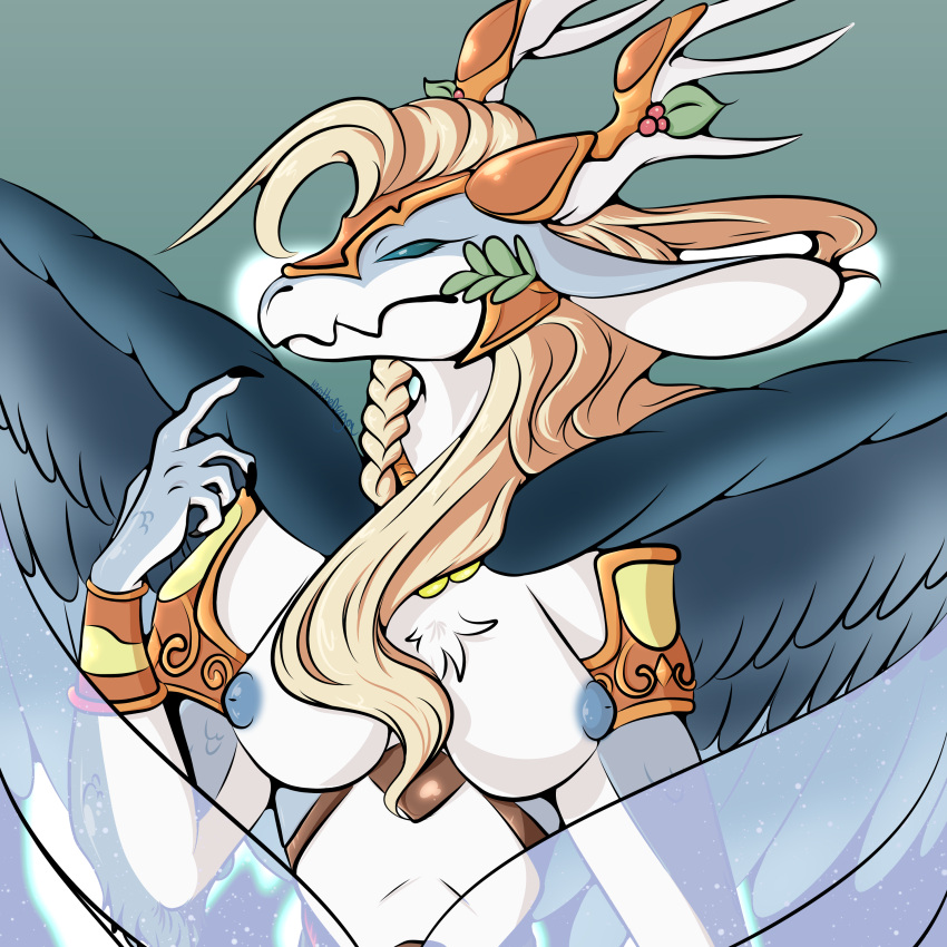 1:1 absurd_res anthro armor big_breasts breasts crown dragon duel_monster feathered_wings feathers female hair hi_res hirothedragon konami long_hair nipples non-mammal_breasts nude queen royalty saffira_queen_of_dragons solo wings yu-gi-oh