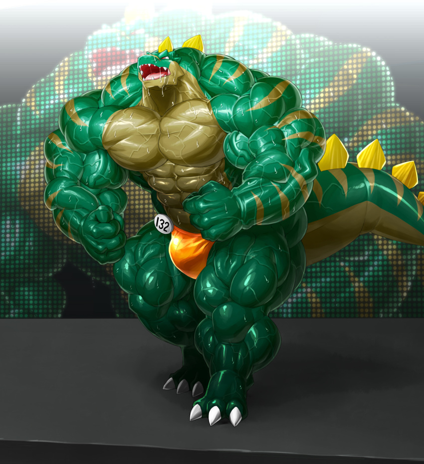 3_toes 4_fingers abs anthro biceps big_muscles biped bodily_fluids claws clothed clothing countershade_face countershade_neck countershade_tail countershade_torso countershading dark_body dark_countershading detailed_background digital_media_(artwork) digital_painting_(artwork) digitigrade dinosaur drooling feet fingers fist full-length_portrait glistening glistening_arms glistening_body glistening_clothing glistening_legs glistening_tail green_body green_skin hi_res huge_muscles hyper hyper_muscles kuroma male muscular muscular_anthro muscular_male number open_mouth orange_clothing orange_swimming_trunks orange_swimwear pecs portrait pose quads regin_(kuroma) reptile roaring saliva scalie screen shaded sharp_teeth small_head soft_shading solo spikes standing striped_arms striped_tail stripes sweat sweaty_arms sweaty_legs swimming_trunks swimwear teeth thick_tail toe_claws toes tongue topless triceps wide_hips yellow_body yellow_countershading
