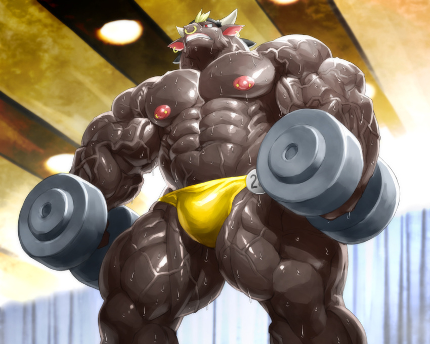 2_horns 5:4 abs accessory anthro azrath_(kuroma) biceps big_muscles biped blonde_hair blurred_background bodily_fluids bovid bovine brown_body brown_fur bulge cattle clothed clothing dark_body detailed_background digital_media_(artwork) digital_painting_(artwork) ear_piercing exercise facial_piercing fur glistening glistening_arms glistening_body glistening_clothing glistening_legs glistening_nipples hair headband horn huge_muscles hyper hyper_muscles inside kuroma lifting lights low-angle_view male mammal muscular muscular_anthro muscular_male nipples nose_piercing nose_ring number pecs piercing portrait quads red_eyes septum_piercing shaded soft_shading solo standing sweat sweaty_arms sweaty_chest sweaty_legs swimming_trunks swimwear teeth three-quarter_portrait topless triceps weightlifting weights workout yellow_clothing yellow_swimming_trunks yellow_swimwear
