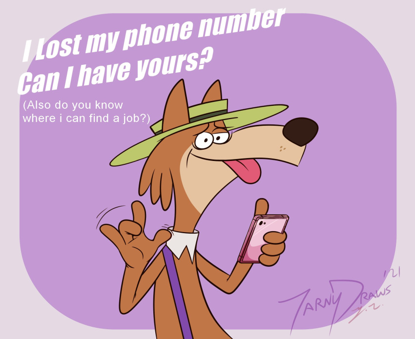 2021 anthro biped black_nose brown_body canid canine canis cellphone clothed clothing english_text hanna-barbera hat headgear headwear hi_res humanoid_hands it's_the_wolf jellystone_(hbo_max) male mammal mildew_wolf phone simple_background smartphone solo tarnydraws text tongue tongue_out wolf