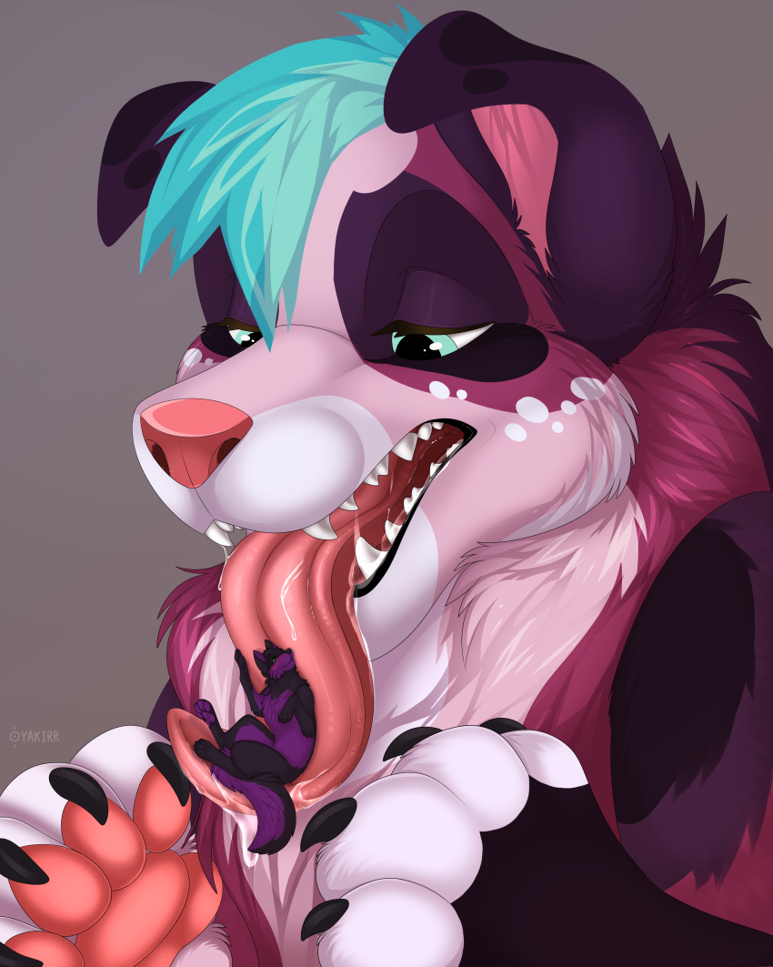 2021 4:5 absurd_res blush bodily_fluids canid canine canis digital_media_(artwork) domestic_dog eye_contact fangs hi_res imminent_vore lidded_eyes long_tongue looking_at_another mammal micro open_mouth saliva sergeantyakirr simple_background size_difference tongue tongue_out