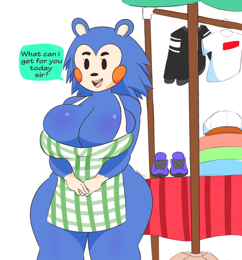 animal_crossing anthro apron apron_only big_breasts breast_squish breasts clasped_hands clothing dialogue_box english_text eulipotyphlan female hedgehog hi_res huge_breasts looking_at_viewer mabel_able mammal manog70 mostly_nude nintendo open_mouth simple_background smile solo squish text video_games white_background wide_hips