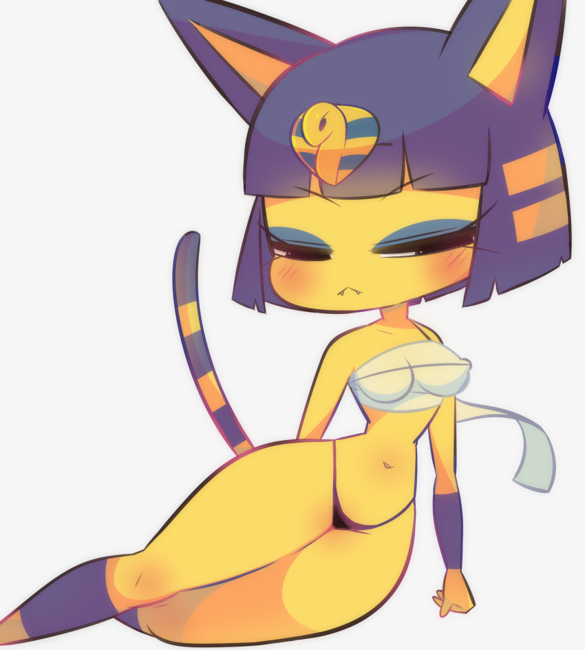 2021 :&lt; animal_crossing ankha_(animal_crossing) anthro bandage blue_hair blush chest_wraps clothing domestic_cat eyebrow_through_hair eyebrows eyelashes eyeshadow fangs felid feline felis female fur hair half-closed_eyes hi_res lying makeup mammal narrowed_eyes navel nintendo nipple_outline on_side oopsynsfw short_hair simple_background solo squint striped_tail stripes thong translucent translucent_hair underwear uraeus video_games white_background wraps yellow_body yellow_fur